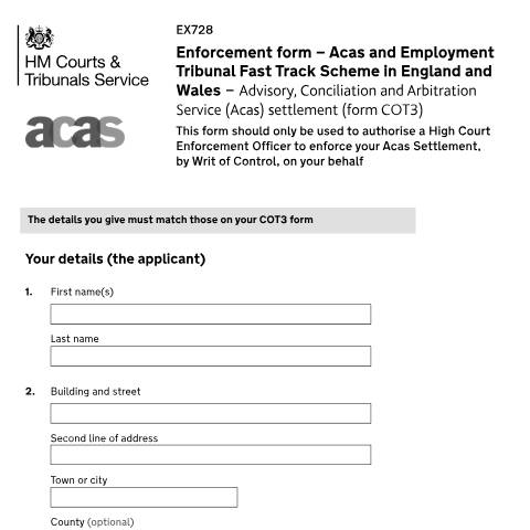Document preview: Enforce an Acas settlement through the fast track scheme: Form EX728 — HM Courts & Tribunals Service, United Kingdom