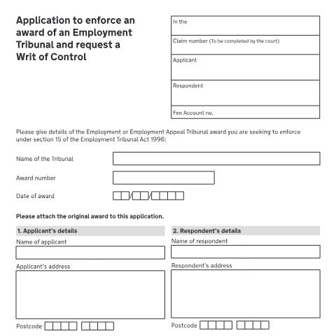 Document preview: Application to enforce an award of an Employment Tribunal and request a Writ of Control: Form N471 — HM Courts & Tribunals Service, United Kingdom