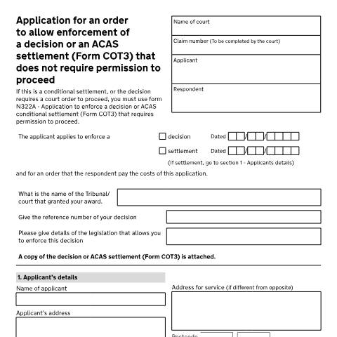 Document preview: Application for an order to allow enforcement of a decision or an ACAS settlement (Form COT3) that does not require permission to proceed: Form N322B — HM Courts & Tribunals Service, United Kingdom