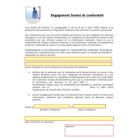 Aperçu du document Engagement formel de conformité - contrôle des horaires de travail — Surveillance protection donnees, Luxembourg (CERFA n°lettre_type_hm)