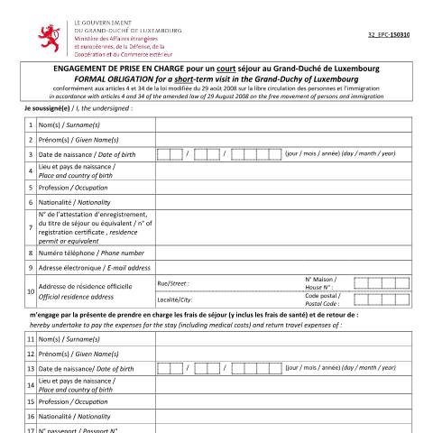 Aperçu du document en Formal obligation — Immigration documents communs, Luxembourg (CERFA n°engagement-prise-charge)