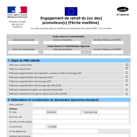 Aperçu du document Engagement de retrait du(ou des) promoteurs(s) (Pêche maritime) — Professionnels, France (CERFA n°15596*01)