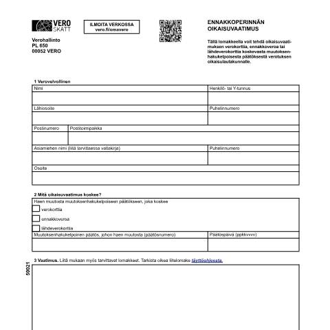 Document preview: Ennakkoperinnän oikaisuvaatimus (5002) — Ennakkoperinnän oikaisuvaatimus (5002), Suomi (CERFA n°Vero 5002)
