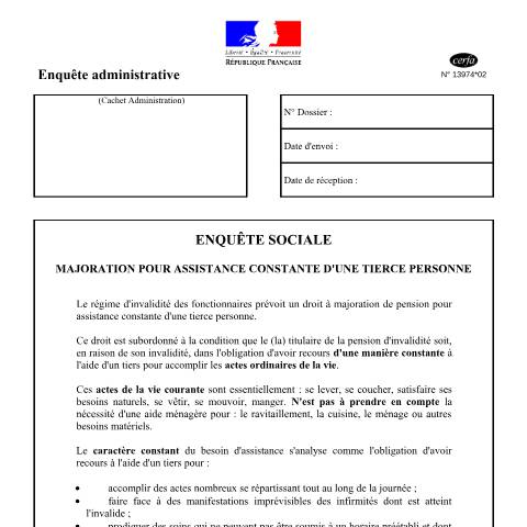 Aperçu du document Enquête sociale - Majoration pour assistance constante d'une tierce personne — Particuliers, France (CERFA n°13974*02)