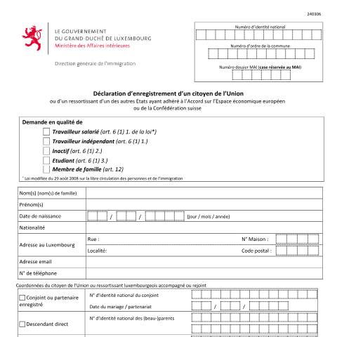 Aperçu du document Déclaration d’enregistrement d’un citoyen de l’Union ou d’un pays assimilé — Immigration citoyen ue, Luxembourg (CERFA n°declaration-enregistrement-ue)