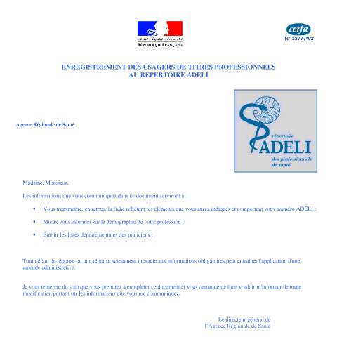 Aperçu du document Enregistrement des usagers de titres professionnels au répertoire Adéli — Professionnels, France (CERFA n°13777*03)