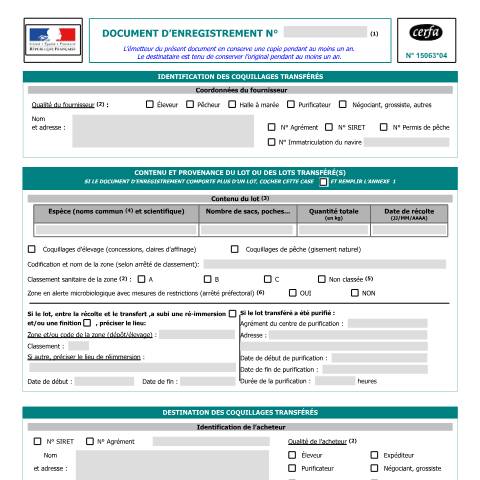 Aperçu du document Document d'enregistrement de transfert de lot de coquillages vivants — Professionnels, France (CERFA n°15063*04)