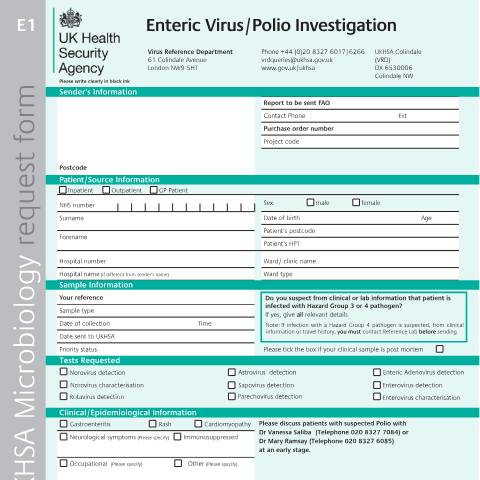 Document preview: Enteric virus and polio investigation referral form — UK Health Security Agency, United Kingdom