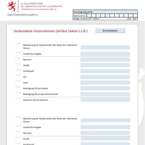 Aperçu du document Entreprises associées (article 164ter L.I.R.) Verbun dene Unternehmen (Artikel 164ter L.I.R.) Associated enterprises (article 164ter L.I.R.) — Déclarations téléchargeables au format PDF (pour les années 2021 à 2025), Luxembourg (CERFA n°EA-D)