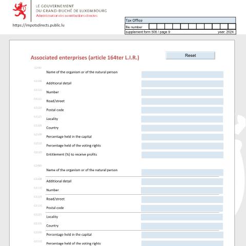 Aperçu du document Entreprises associées (article 164ter L.I.R.) Verbun dene Unternehmen (Artikel 164ter L.I.R.) Associated enterprises (article 164ter L.I.R.) — Déclarations téléchargeables au format PDF (pour les années 2021 à 2025), Luxembourg (CERFA n°EA_E)