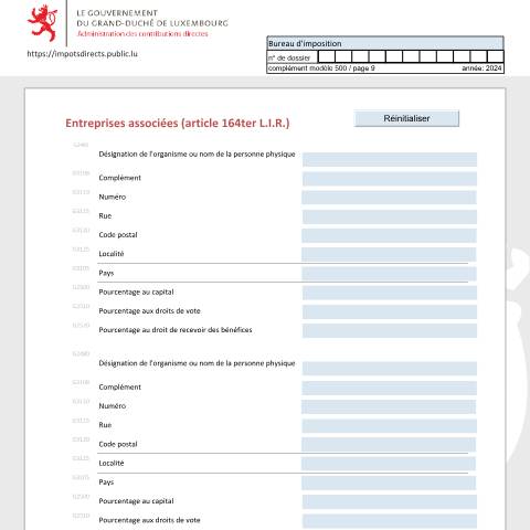 Aperçu du document Entreprises associées (article 164ter L.I.R.) Verbun dene Unternehmen (Artikel 164ter L.I.R.) Associated enterprises (article 164ter L.I.R.) — Déclarations téléchargeables au format PDF (pour les années 2021 à 2025), Luxembourg (CERFA n°EA_F)