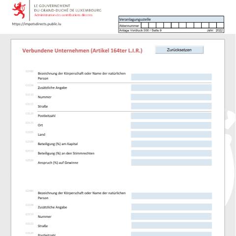 Aperçu du document Entreprises associées (article 164ter L.I.R.) Verbun dene Unternehmen (Artikel 164ter L.I.R.) Associated enterprises (article 164ter L.I.R.) — Déclarations téléchargeables au format PDF (pour les années 2021 à 2025), Luxembourg (CERFA n°ea-d)