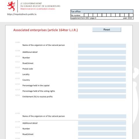 Aperçu du document Entreprises associées (article 164ter L.I.R.) Verbun dene Unternehmen (Artikel 164ter L.I.R.) Associated enterprises (article 164ter L.I.R.) — Déclarations téléchargeables au format PDF (pour les années 2021 à 2025), Luxembourg (CERFA n°ea-e)