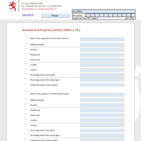 Aperçu du document Entreprises associées (article 164ter L.I.R.) Verbun dene Unternehmen (Artikel 164ter L.I.R.) Associated enterprises (article 164ter L.I.R.) — Déclarations téléchargeables au format PDF (pour les années 2021 à 2025), Luxembourg (CERFA n°eae)