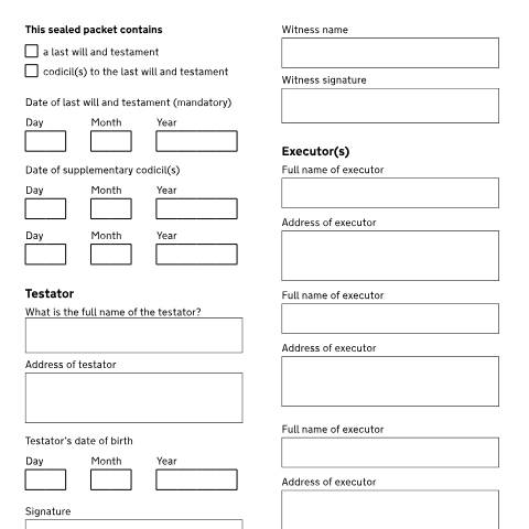 Document preview: Envelope label for storing your will or codicil: Form PA7ENV — HM Courts & Tribunals Service, United Kingdom