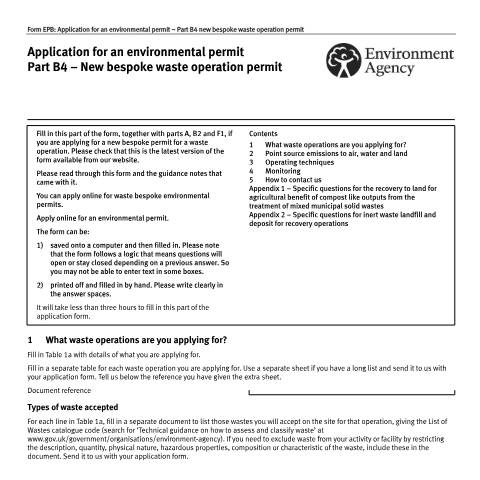 Document preview: Application for an environmental permit: part B4 new bespoke waste operation — Environment Agency, United Kingdom