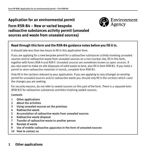 Document preview: Form Part RSR-B4: apply for or vary an unsealed sources and waste from unsealed sources RSR permit — Environment Agency, United Kingdom