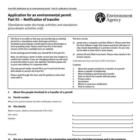 Document preview: Notification for an environmental permit: part D1 notification of transfer — Environment Agency, United Kingdom