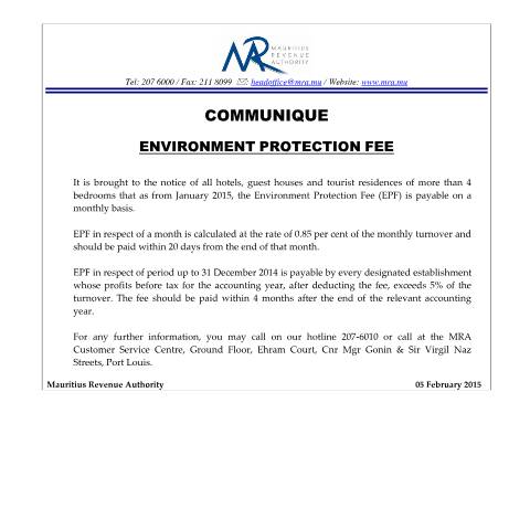 Document preview: Environment Protection Fee (05.02.15) — Document, Mauritius (CERFA n°EnvironmenProtectionFee050215)