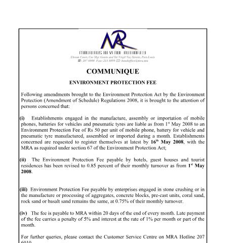 Document preview: Environment Protection Fee (17.04.2008) — Document, Mauritius (CERFA n°EPFAmended)