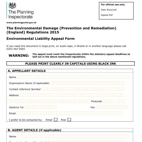 Document preview: Environmental liability: appeal form — Planning Inspectorate, United Kingdom