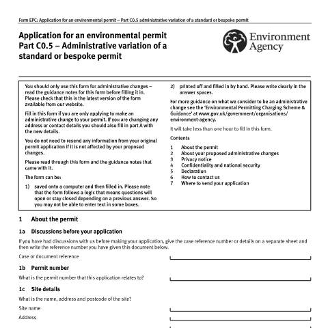 Document preview: Application for an environmental permit: part C0.5 administrative change to a standard or bespoke permit — Environment Agency, United Kingdom