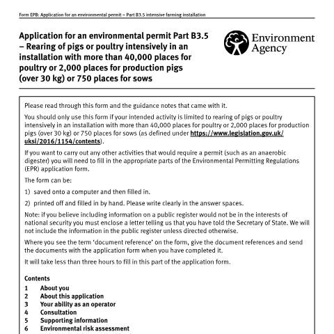 Document preview: Application for an environmental permit: part B3.5 new bespoke intensive farming installation permit — Environment Agency, United Kingdom