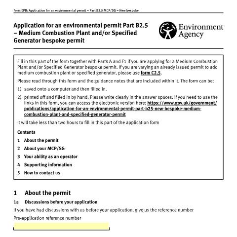 Document preview: Application for an environmental permit: part B2.5 bespoke medium combustion plant and specified generator permit — Environment Agency, United Kingdom