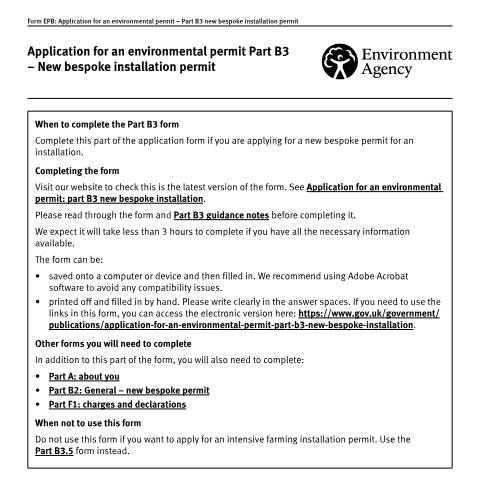 Document preview: Application for an environmental permit: part B3 new bespoke installation — Environment Agency, United Kingdom