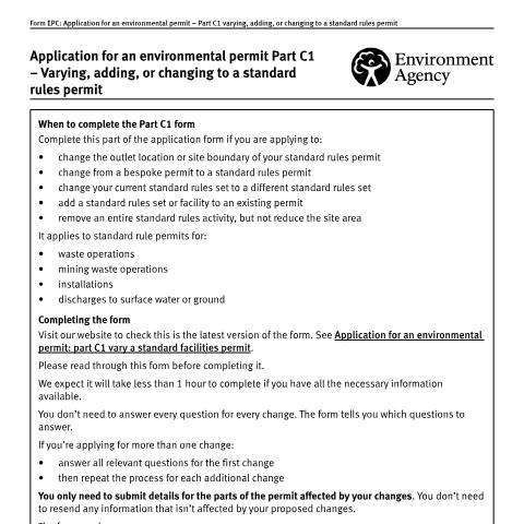 Document preview: Application for an environmental permit: part C1 varying, adding or changing to a standard rules permit — Environment Agency, United Kingdom