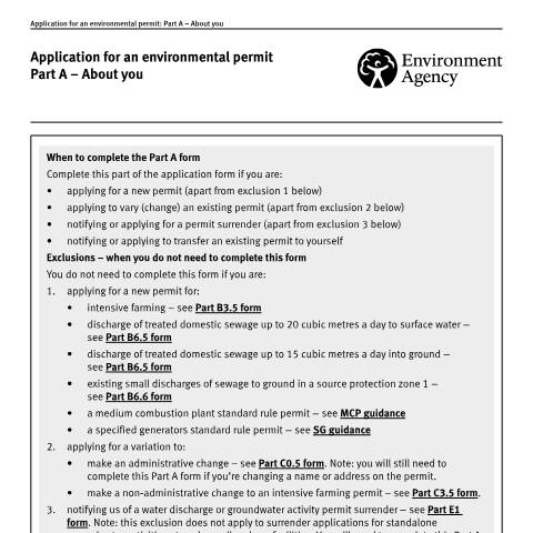 Document preview: Application for an environmental permit: part A about you — Environment Agency, United Kingdom