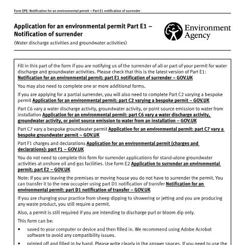 Document preview: Notification for an environmental permit: part E1 notification of surrender — Environment Agency, United Kingdom