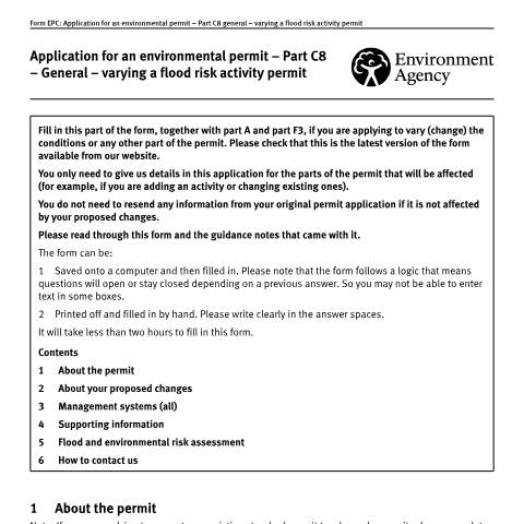 Document preview: Application for an environmental permit: part C8 vary a flood risk activity permit — Environment Agency, United Kingdom