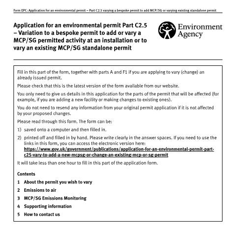 Document preview: Application for an environmental permit: part C2.5 vary to add MCP or SG or change an existing MCP or SG permit — Environment Agency, United Kingdom