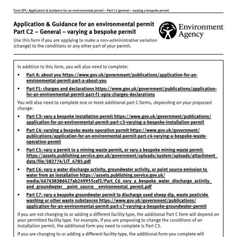 Document preview: Application for an environmental permit: part C2 varying a bespoke permit — Environment Agency, United Kingdom