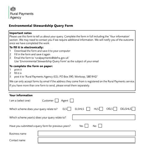 Document preview: Environmental Stewardship scheme query form — Rural Payments Agency, United Kingdom