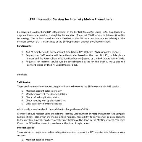 Document preview: EPF Information Services for Internet/Mobile Phone Users — Forms Related to Employers, Sri Lanka