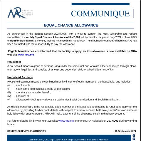 Document preview: Equal Chance Allowance (16.09.24) — Document, Mauritius (CERFA n°EqualChanceAllowance160924)