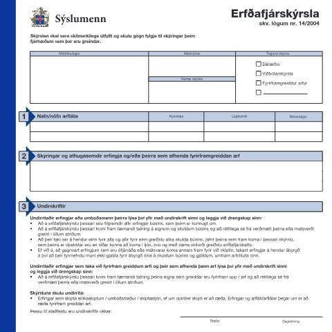 Document preview: Erfðafjárskýrsla - andlát 01.01.2011 og síðar. — Einstaklingar, Ísland (CERFA n°RSK 1.12)
