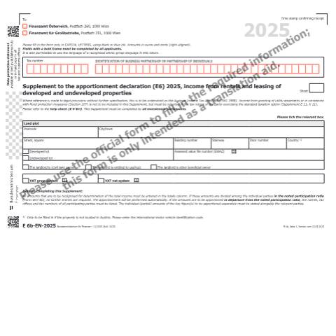 Dokumentvorschau: E6b-EN — Supplement to the apportionment declaration (E6) 2025, income from rentals and leasing of developed and undeveloped properties — Steuern, Österreich (CERFA n°E6b-EN)