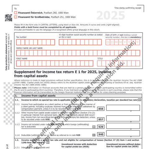 Dokumentvorschau: E1kv-EN — Supplement for income tax return E 1 for 2025, income from capital assets — Steuern, Österreich (CERFA n°E1kv-EN)