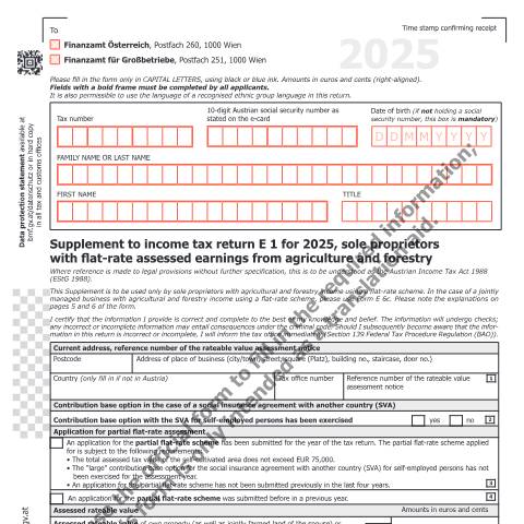 Dokumentvorschau: E1c-EN — Supplement to income tax return E 1 for 2025, sole proprietors with flat-rate assessed earnings from agriculture and forestry — Steuern, Österreich (CERFA n°E1c-EN)