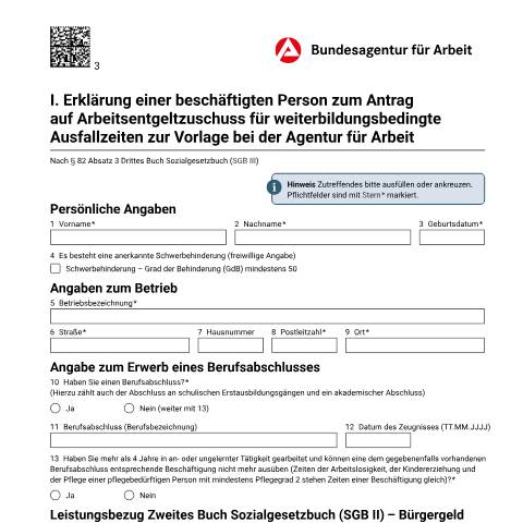 Dokumentvorschau: erklaerung-antrag-arbeitsentgeltzuschuss-ausfallzeiten_ba042354 — Öffnet in neuem Tab Arbeitnehmererklärung zum Antrag Antrag auf Arbeitsentgeltzuschuss für weiterbildungsbedingte Ausfallzeiten pdf | 165.86 KB | barrierefrei — Familienkasse/erklaerung, Deutschland (CERFA n°erklaerung-antrag-arbeitsentgeltzuschuss-ausfallzeiten_ba042354)