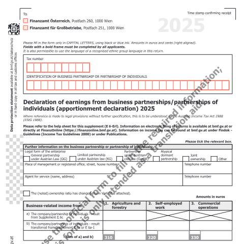 Dokumentvorschau: E6-EN — Declaration of earnings from business partnerships/partnerships of individuals (apportionment declaration) 2025 — Steuern, Österreich (CERFA n°E6-EN)