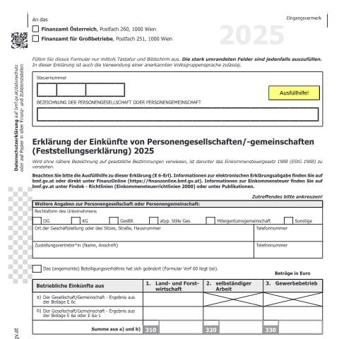 Dokumentvorschau: E6 — Erklärung der Einkünfte von Personengesellschaften/-gemeinschaften (Feststellungserklärung) 2025 — Steuern, Österreich (CERFA n°E6)