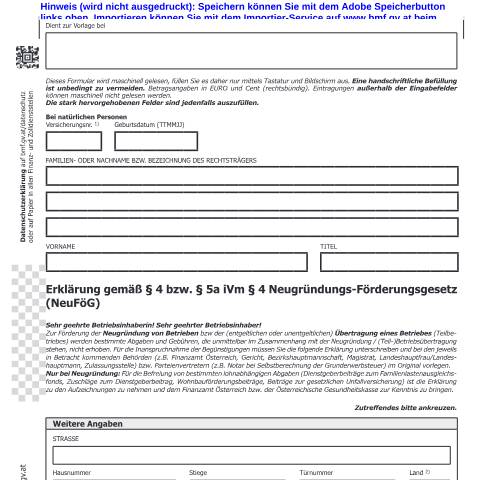 Dokumentvorschau: NeuFoe2 — Erklärung gemäß § 4 bzw. § 5a iVm § 4 Neugründungs-Förderungsgesetz (Neugründungen/Betriebsübertragungen ab 01.01.2013) — Steuern, Österreich (CERFA n°NeuFoe2)