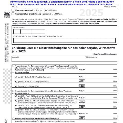 Dokumentvorschau: ELA1 — Erklärung über die Elektrizitätsabgabe für das Kalenderjahr/Wirtschaftsjahr 2025 — Steuern, Österreich (CERFA n°ELA1)