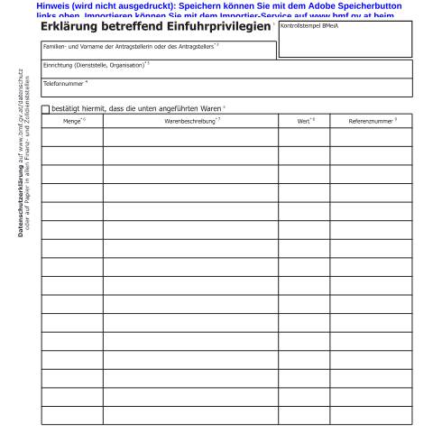 Dokumentvorschau: ZBefr1 — Erklärung betreffend Einfuhrprivilegien — Zoll, Österreich (CERFA n°ZBefr1)