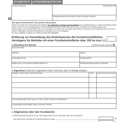 Dokumentvorschau: Luf4 — Erklärung des Einheitswertes des forstwirtschaftlichen Vermögens zum 1. Jänner 1988 für Betriebe mit einer Forstbetriebsfläche über 100ha — Steuern, Österreich (CERFA n°Luf4)
