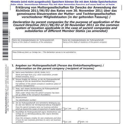 Dokumentvorschau: ZS-EUMT — Erklärung von Muttergesellschaften für Zwecke der Anwendung der Richtlinie 2011/96/EU des Rates vom 30. November 2011 über das gemeinsame Steuersystem der Muttergesellschaften und Tochtergesellschaften verschiedener Mitgliedstaaten (in der geltenden Fassung) — Steuern, Österreich (CERFA n°ZS-EUMT)